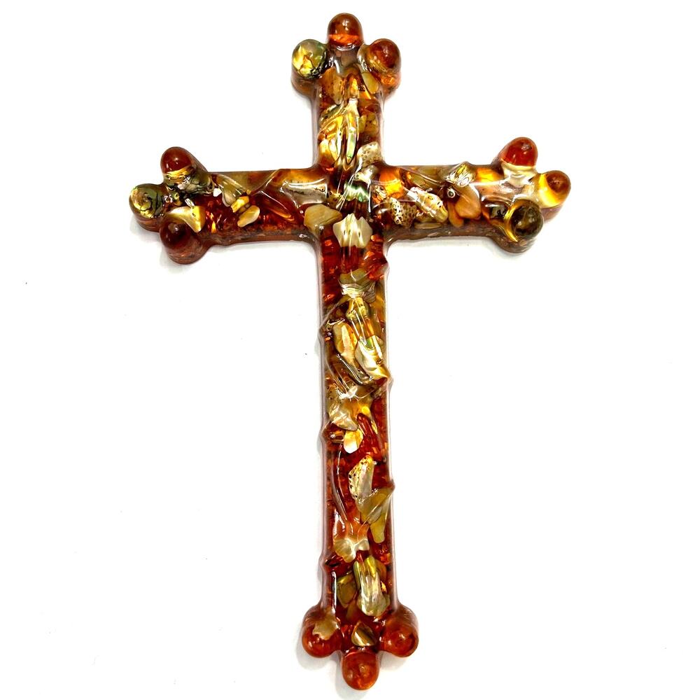 Vintage‎ Amber Toned Lucite Cross With Embedded Shells
